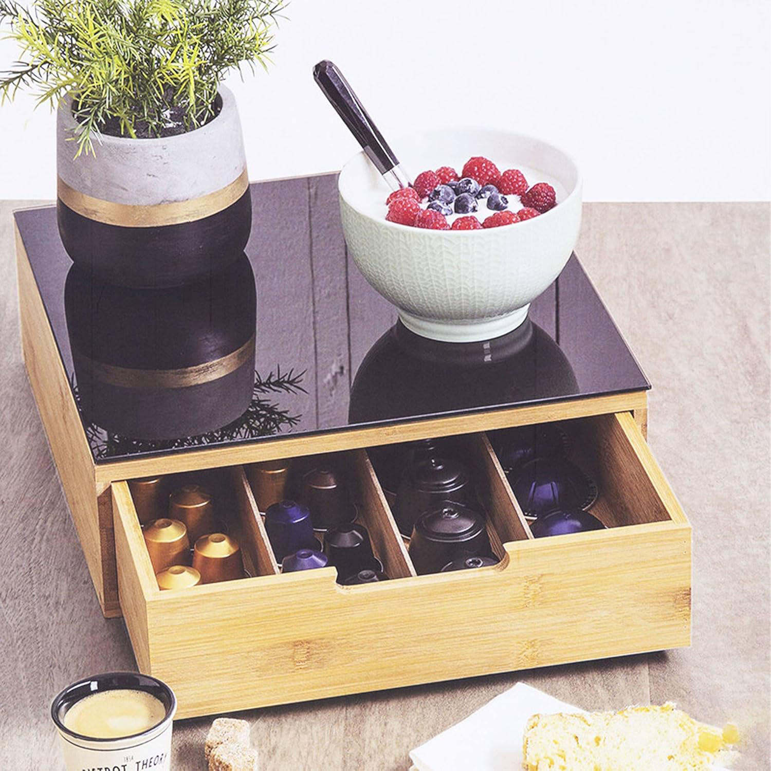 Bamboo Coffee Pod Holder with Drawer & Glass Countertop Coffee Bar Accessories Organizer with Sliding Drawer for K Cup Pods
