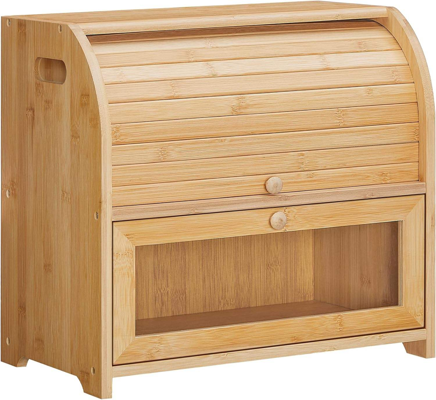2 Tier Roll Top Natural Bamboo Bread Box Ventilated Large Capacity Bread Storage Container with Adjustable Removable Shelf & See-Through Acrylic Lid, Space Saving Food Keeper for Kitchen Countertop