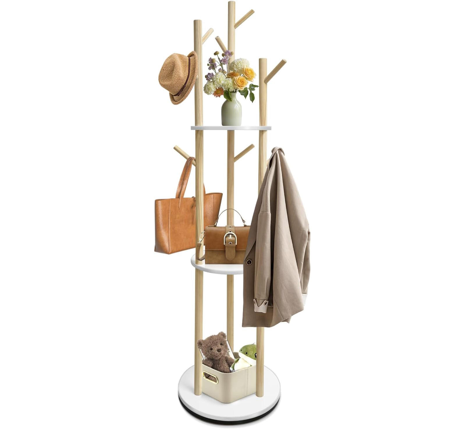 wholesale Clothes Rack Wood Coat Rack Hot Sale Wooden Rotary Coat Rack Freestanding with 3 Shelves Vertical Clothes Racks Living Room Hangers