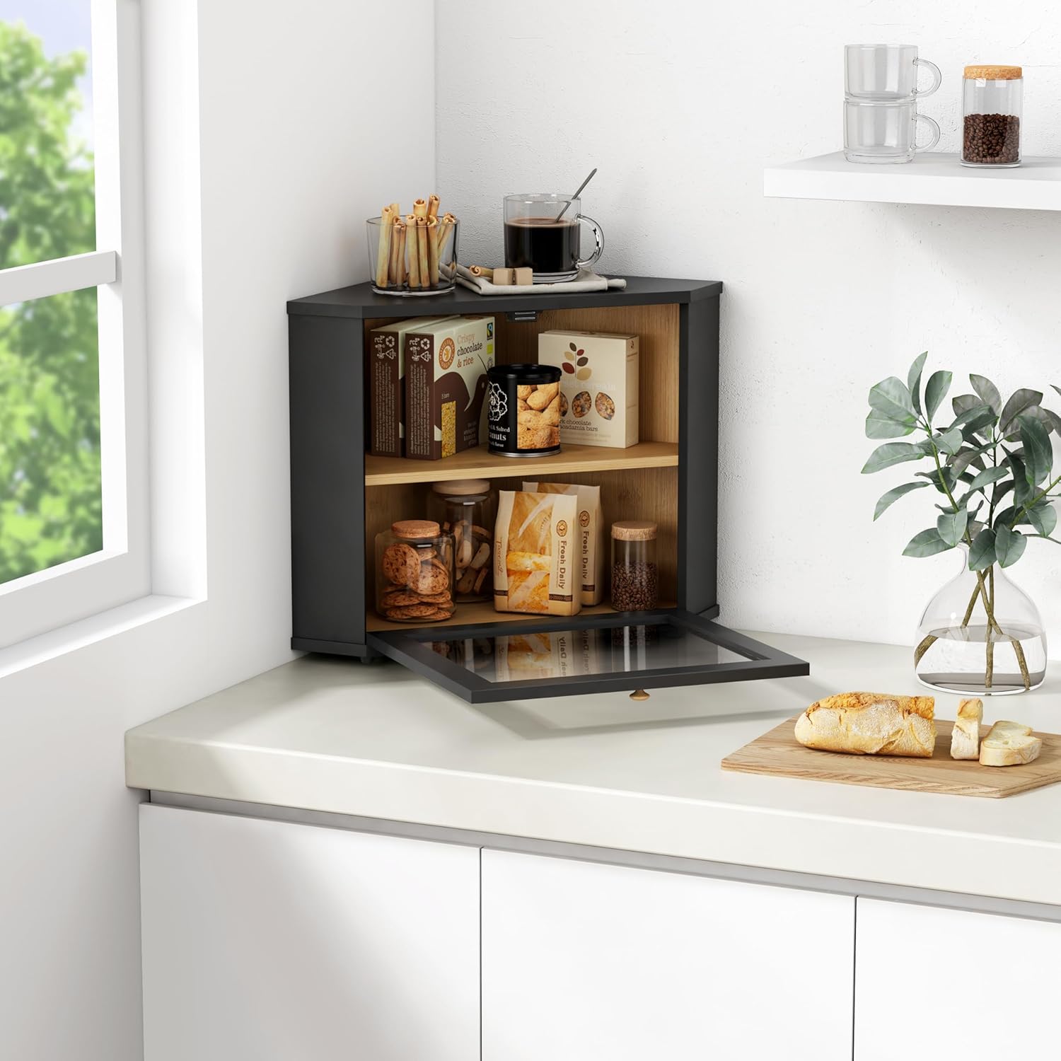 Black Bread Storage Container Double-layer Bamboo Bread Box for Homemade Bread Kitchen Cabinet Lacquer Large Capacity Storage Bread Bin