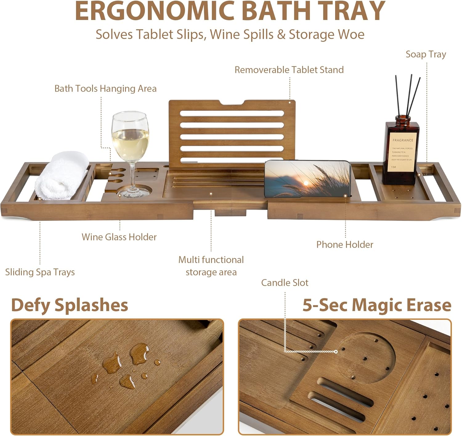  Bathtub Caddy Tray Modern Bathtub Tray Adjustable Width Wine Holder Tablet with Phone Stand Bath Tablet Stand & Non-Slip Grip Spa-Grade Organizer