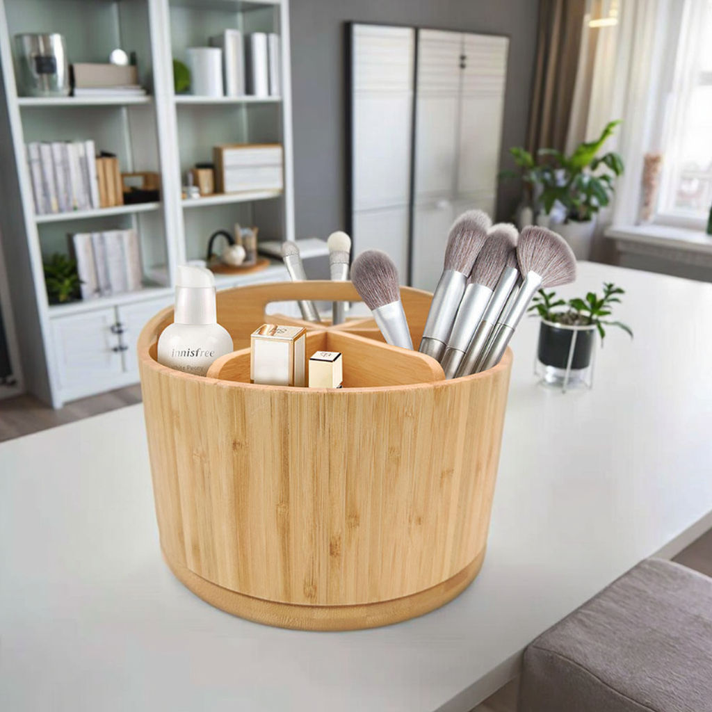 Bamboo Multifunctional 360 Degree Rotating Desktop Organizer with Portable Top Handle Office Supplies Desktop Organizer Pen Holder