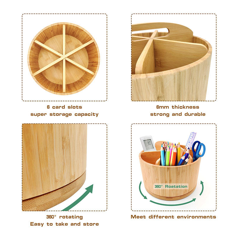 Bamboo Multifunctional 360 Degree Rotating Desktop Organizer with Portable Top Handle Office Supplies Desktop Organizer Pen Holder