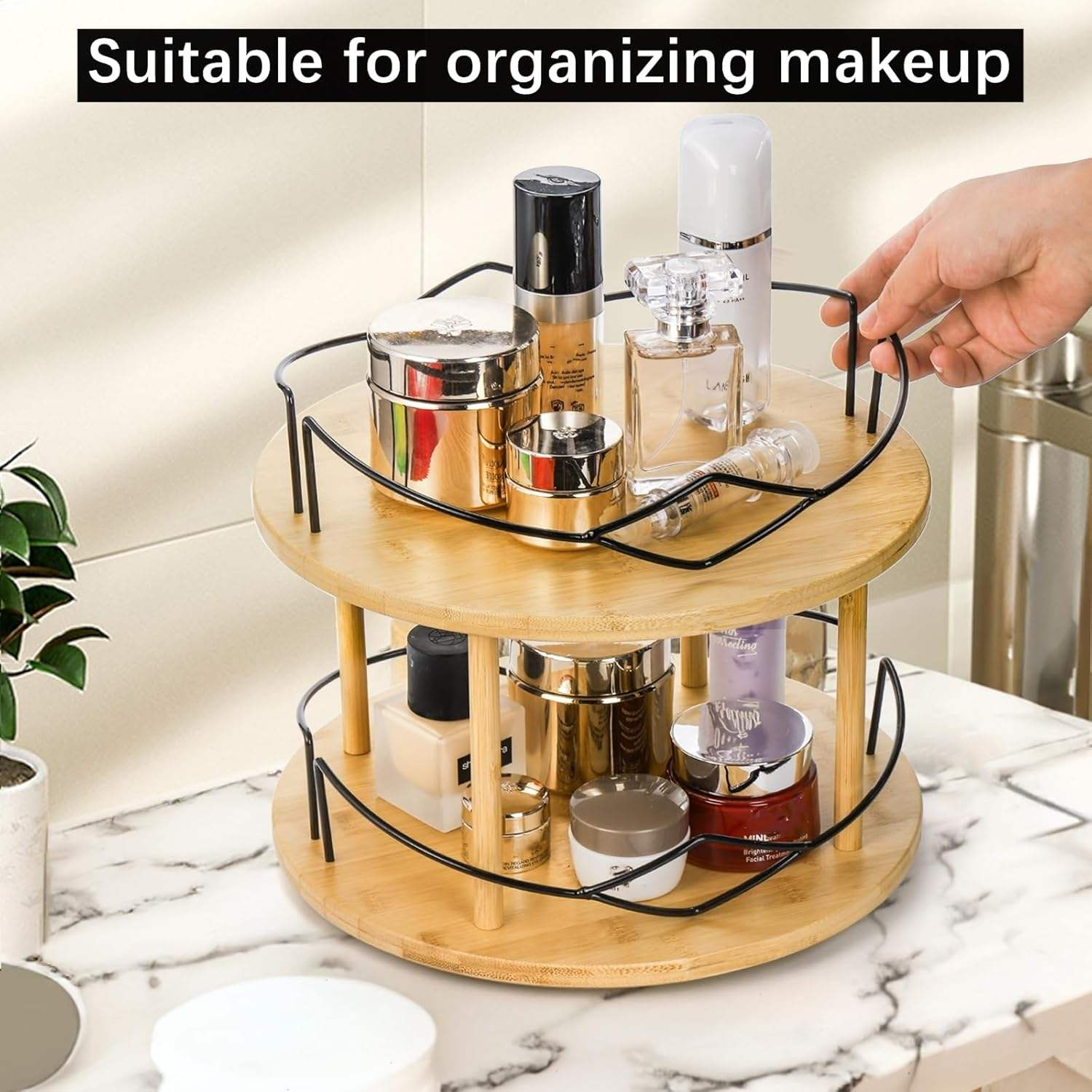 Bamboo Rotating Spice Rack Dinnerware And Seasoning Bottles 2-Tier Lazy Susan Rack for Kitchen Countertop