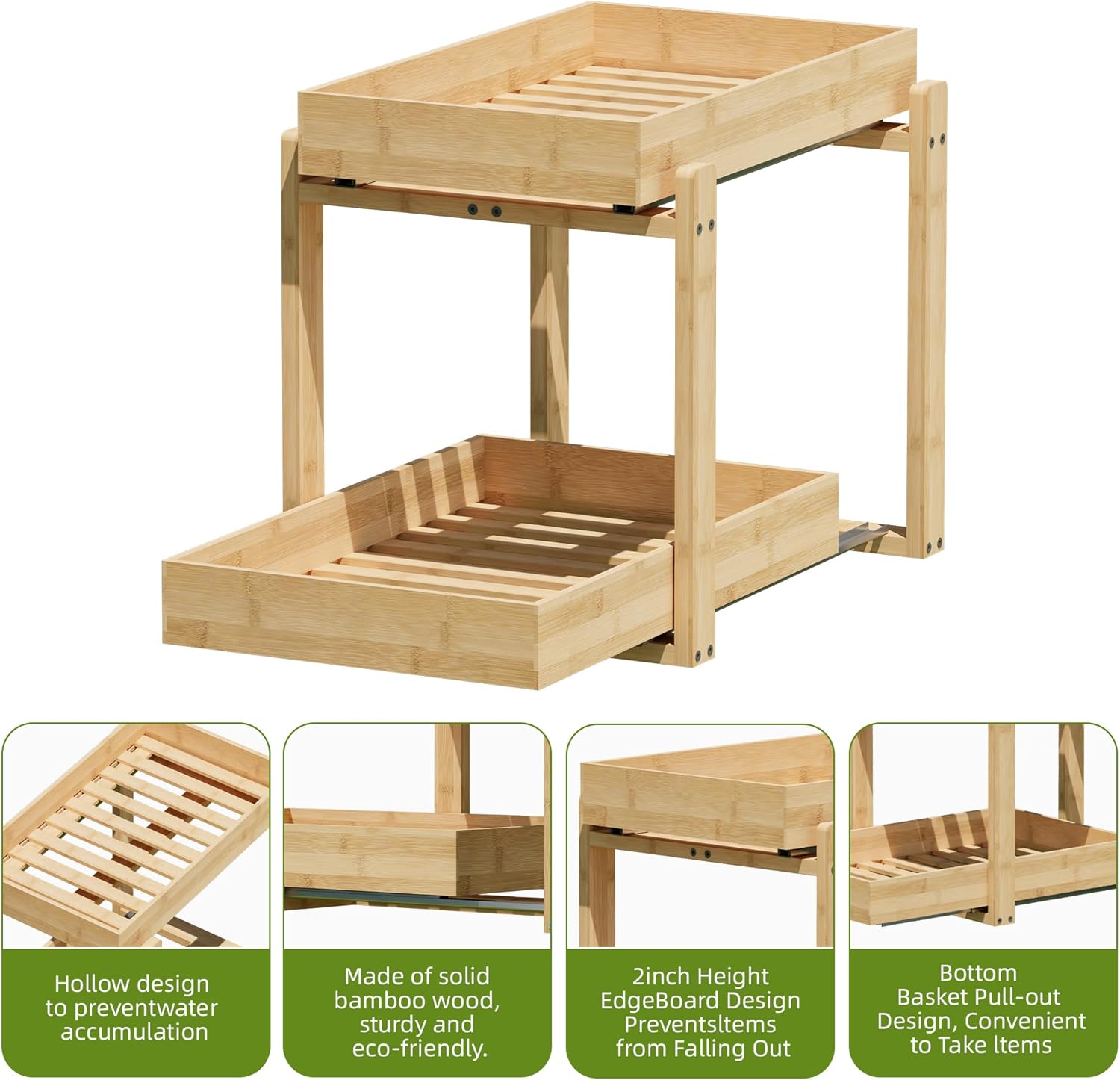 2 Pack Under Sink Organizer, Bamboo Wooden 2-Tier Pull-Out Storage with Sliding Drawers for Kitchen and Bathroom Cabinets, Easy Installation