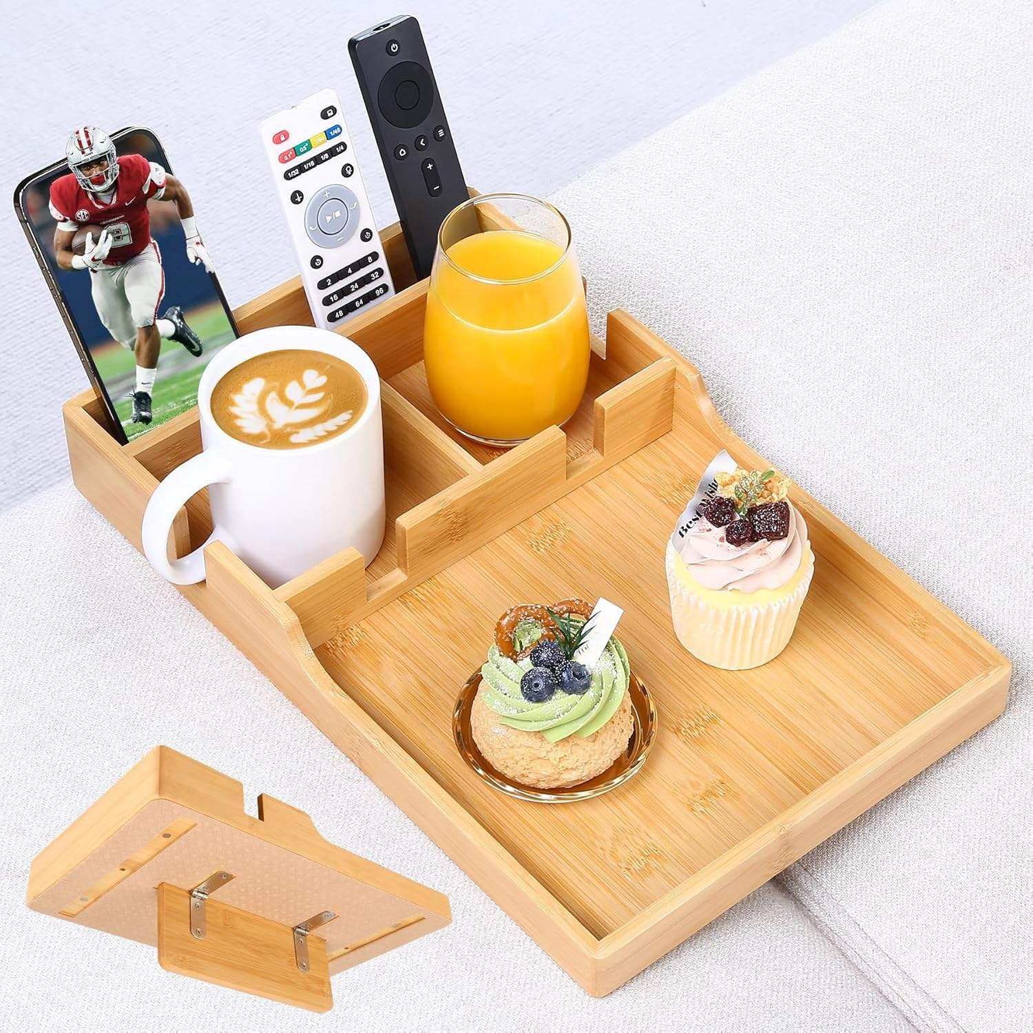 Modern 2- Tier Sofa Tray Anti-Slip Foldable Couch Tray Insert for Middle Seat Bamboo Couch Table with 2 Cup Holders for Living Room
